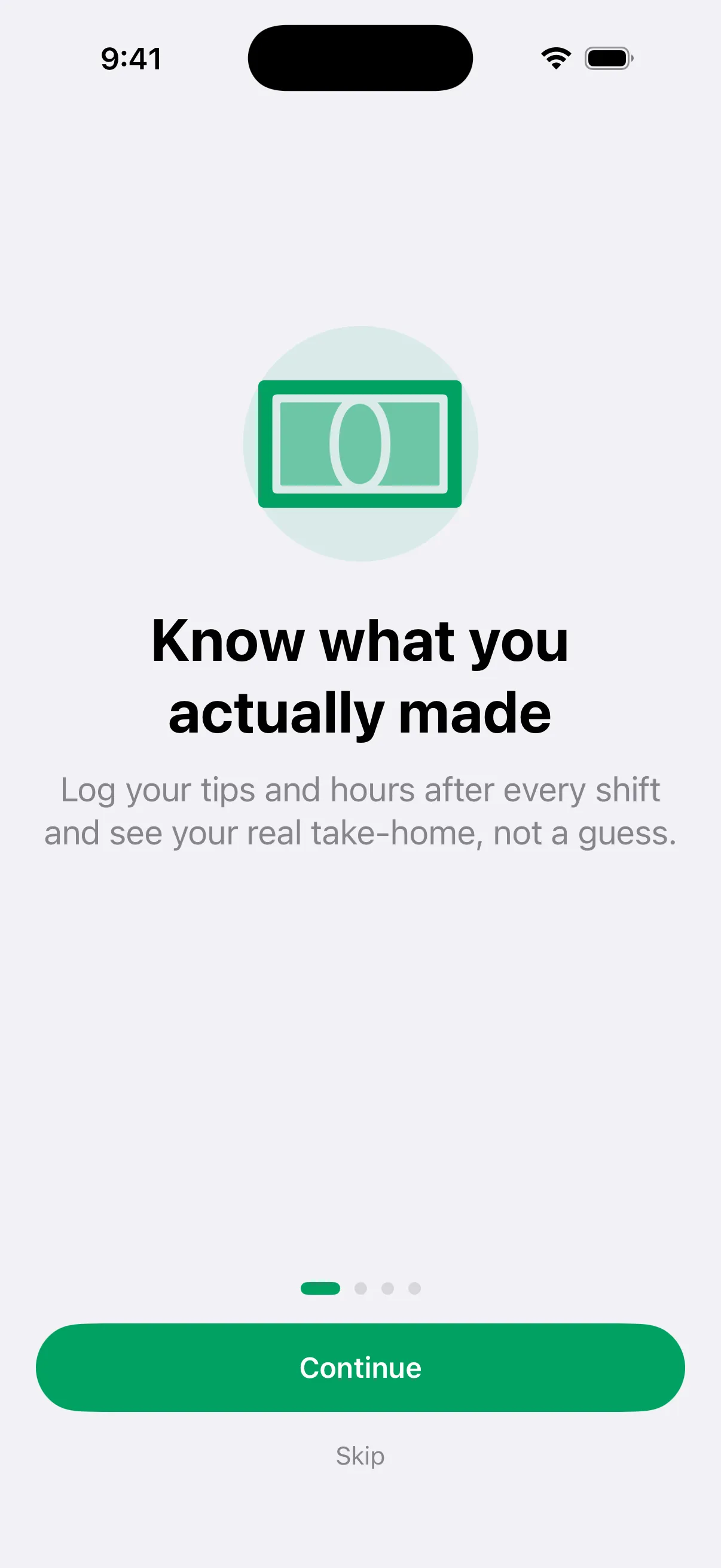 Tipfolio onboarding asking what kind of tipped work you do, with roles like server, bartender, and delivery driver.